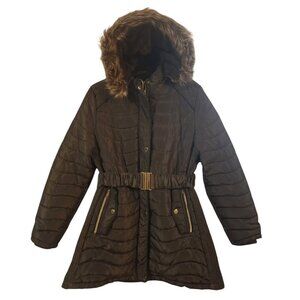 Coca Bella Detachable Hooded Faux Fur Belted Jacket Women's Size EG Dark Olive